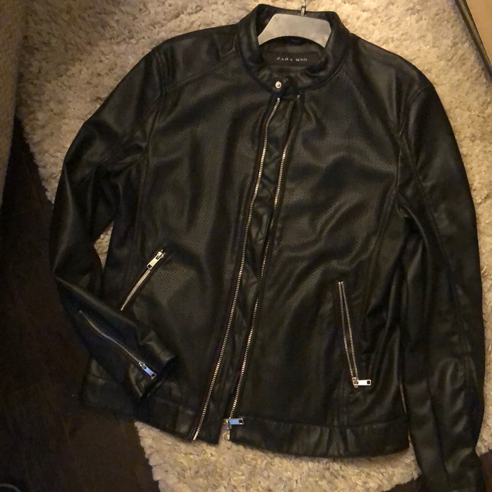 Zara Man faux leather black jacket with zippers size Large. Like new!